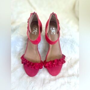 Coral Ruffle Ankle Strap with Back Zip Slide-in Wedge Heel